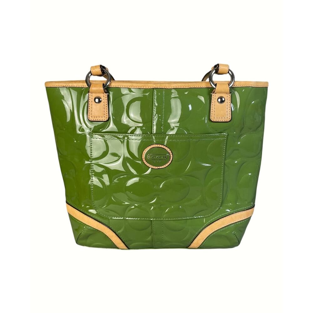 Coach Peyton Apple Green Patent Leather Embossed “C” Logo Tote Bag - Picture 3 of 10